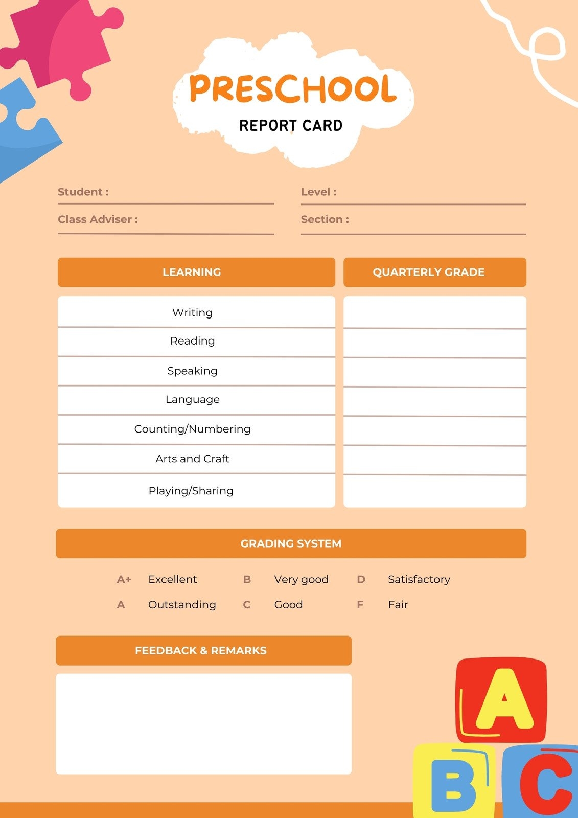 Kindergarten Report Card Template In PSD Illustrator Word Google Docs Pages PDF Download Template