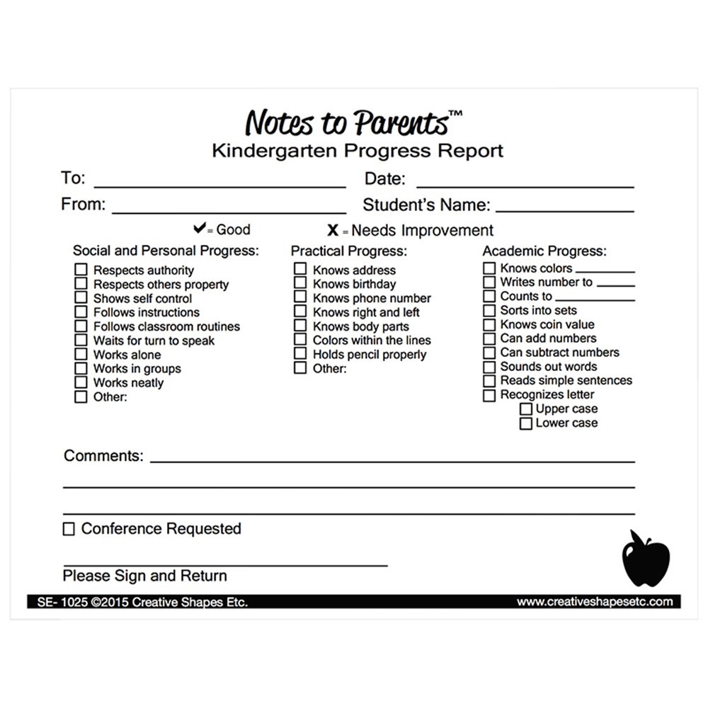 Notes To Parents Kindergarten Progress Report SE 1025 Creative Shapes Etc Llc Progress Notices